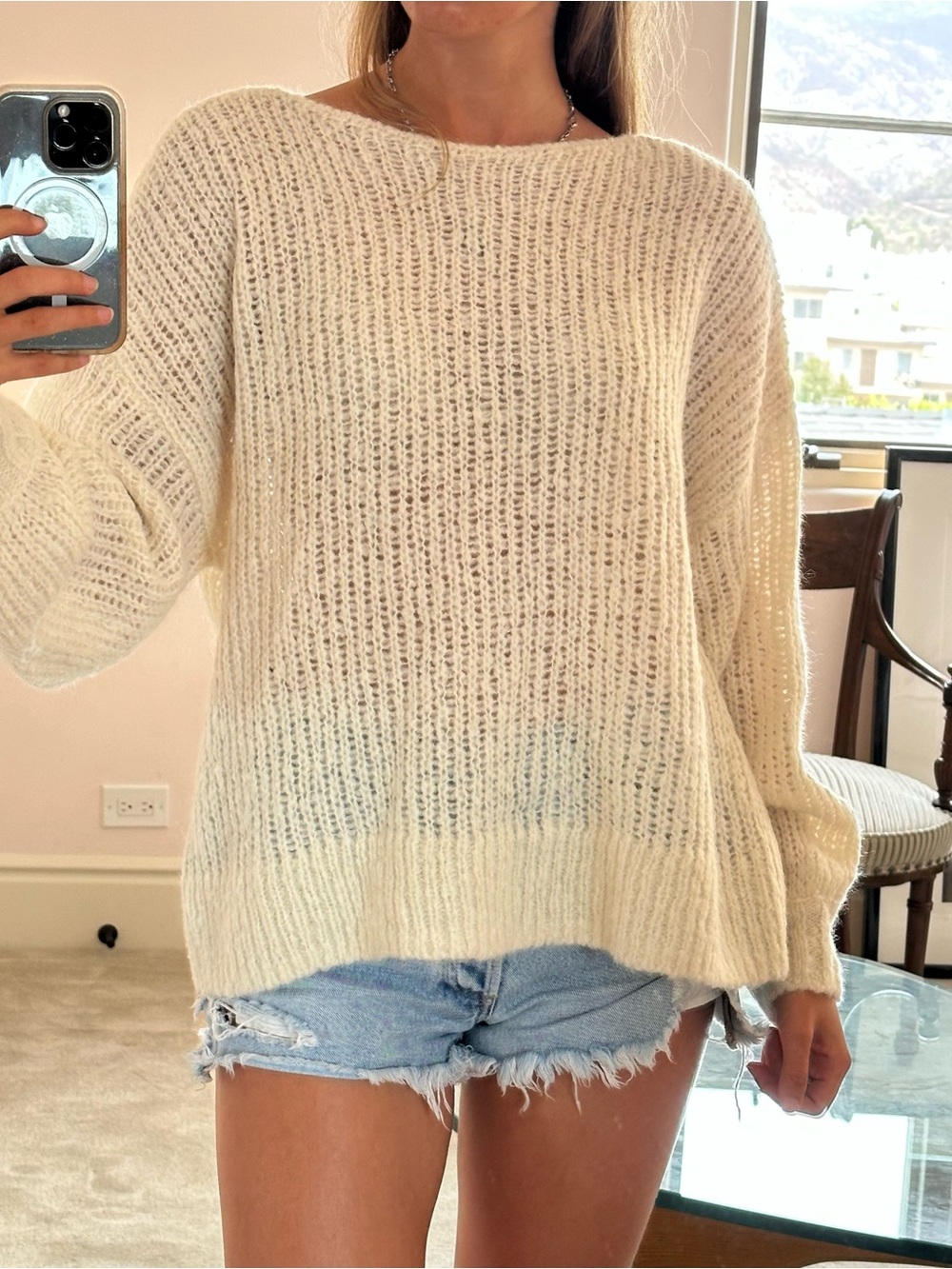 Reformation Kaya Oversized Cream Open-Knit Boat Neck Sweater